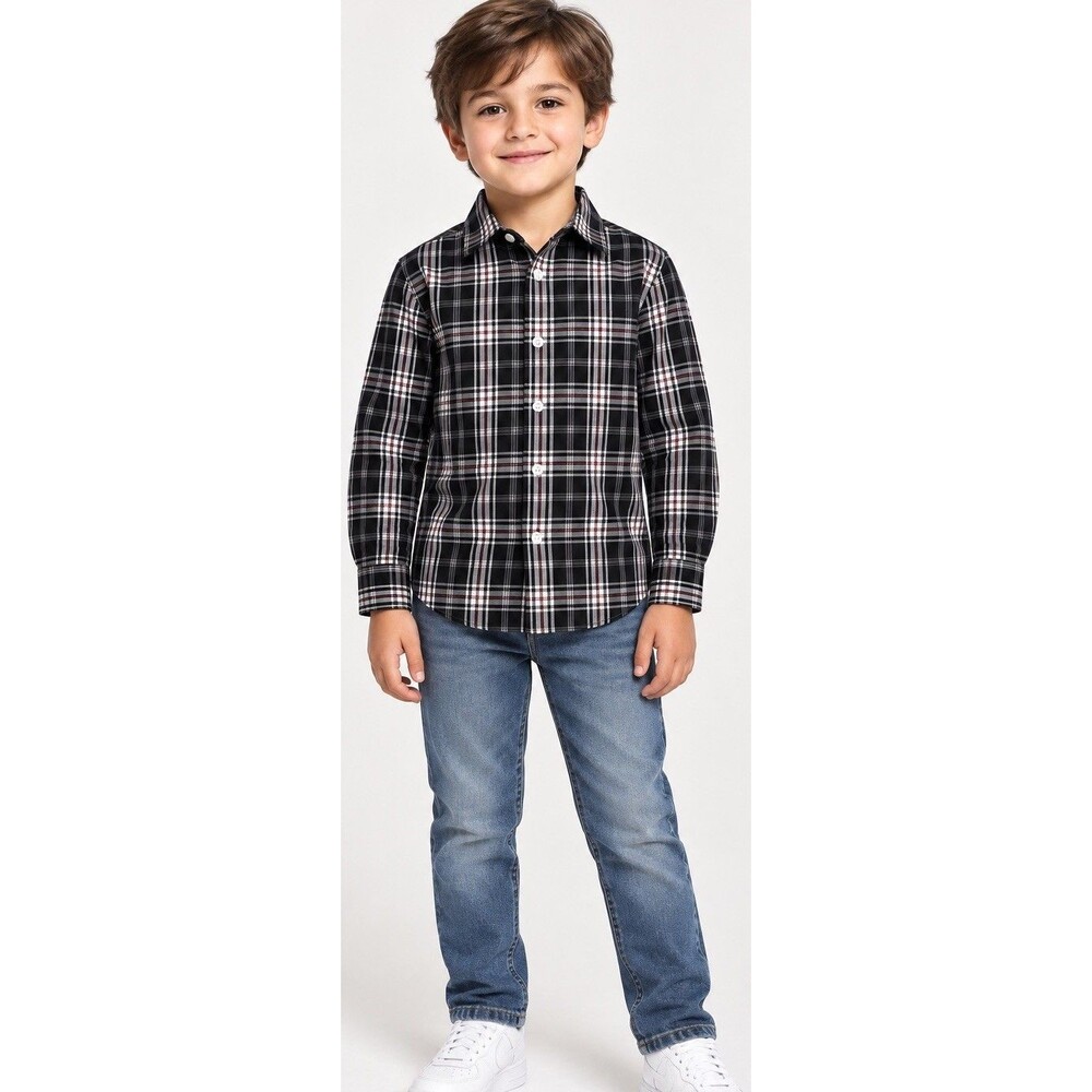 Nautica Boys Size 7 Black Plaid Long Sleeve Button Down Shirt Cotton Blend